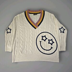 Womens Lovesick White Sweater Sz 2XL Cable Knit V-Neck ColorBlock Cardigan